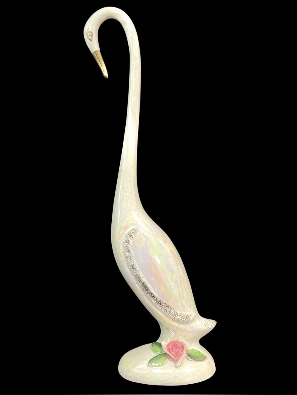Vintage 1960s Norcrest Japan Iridescent Swan Porcelain Figurine Applied Flowers